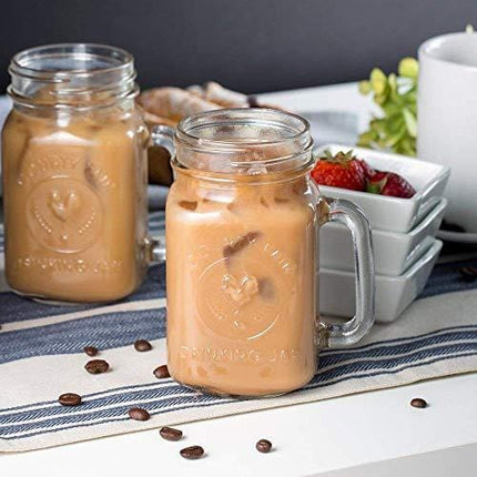 Mason Jar Mugs with Glass Handles and Metal Straws, Brimley 16oz Drinking Glasses Set of 4