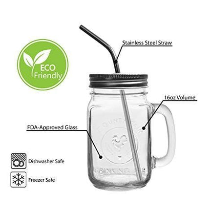 Mason Jar Mugs with Glass Handles and Metal Straws, Brimley 16oz Drinking Glasses Set of 4