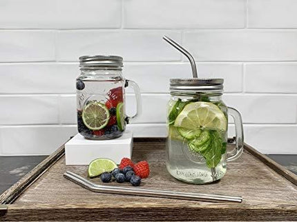 Mason Jar Mugs with Glass Handles and Metal Straws, Brimley 16oz Drinking Glasses Set of 4