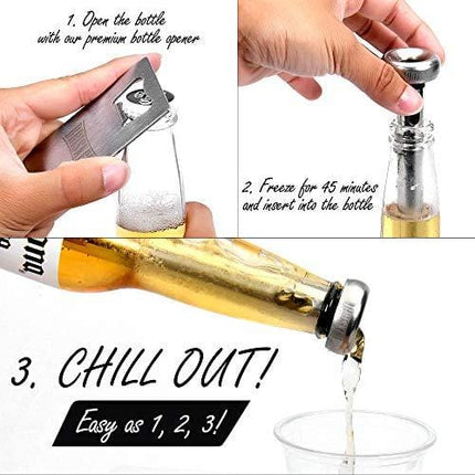 Beer Chiller Sticks for Bottles Set | 3 Stainless Steel Cooling Chillers | Christmas Gift Accessories | Cooler Gag Idea for Mens Birthday Gifts