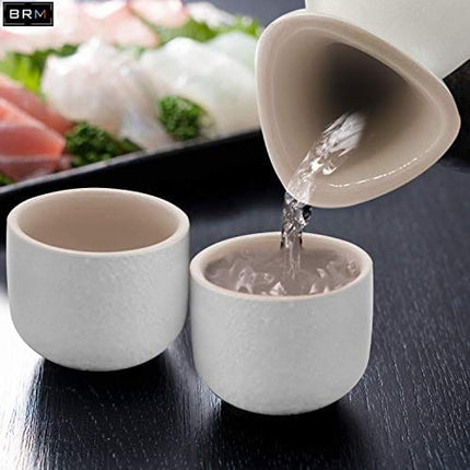 BRM Sake Set – 7 Pcs Ceramic Carafe with Cup – Serving Set with Sake Glasses – Elegant and Minimalist Design – Durable and Easy to Wash – Ideal for Friends and Family (White Triangle W/Black Tray)