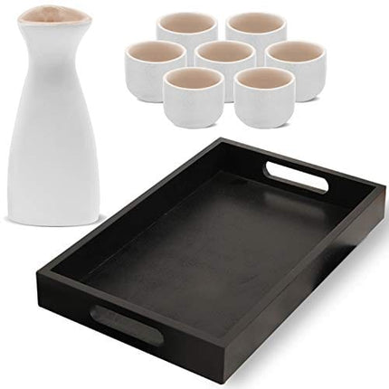 BRM Sake Set – 7 Pcs Ceramic Carafe with Cup – Serving Set with Sake Glasses – Elegant and Minimalist Design – Durable and Easy to Wash – Ideal for Friends and Family (White Triangle W/Black Tray)