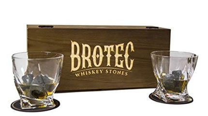 Whiskey Glass Set of 2 - Whyskey Rocks Chilling Stones & 2 Bourbon Glasses For Men or Women - Large 10oz No Lead Crystal Whiskey Glass And Stone Set - Premium Glassware in Wooden Box