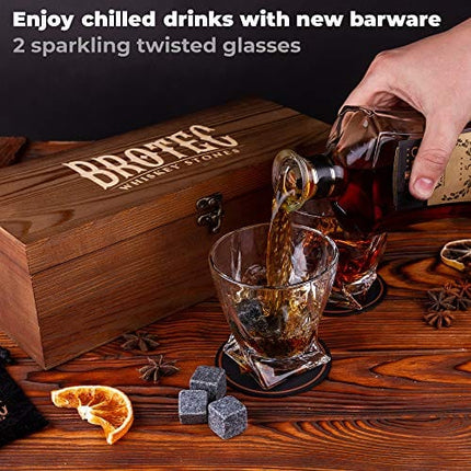 Whiskey Glass Set of 2 - Whyskey Rocks Chilling Stones & 2 Bourbon Glasses For Men or Women - Large 10oz No Lead Crystal Whiskey Glass And Stone Set - Premium Glassware in Wooden Box