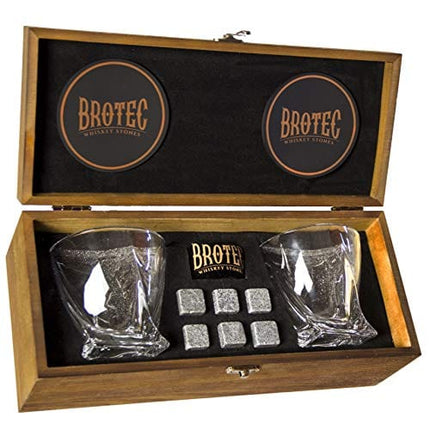 Whiskey Glass Set of 2 - Whyskey Rocks Chilling Stones & 2 Bourbon Glasses For Men or Women - Large 10oz No Lead Crystal Whiskey Glass And Stone Set - Premium Glassware in Wooden Box