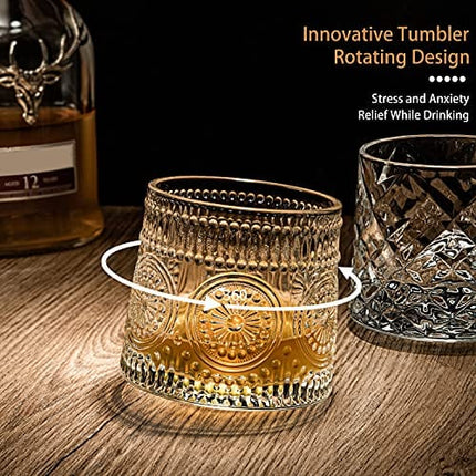 C CHATEAU TROUVAILLE Tilting Crystal Whiskey Glasses 10.8 oz Set of 2, Big Size Rotatable Drinking Bourbon Glasses, Stress & Anxiety relief Tumbler For Scotch , Cocktails, Coffee , Father's Day Gift