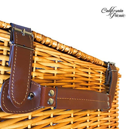 Picnic Basket Set - 2 Person Picnic Hamper Set - Waterproof Picnic Blanket Ceramic Plates Metal Flatware Wine Glasses S/P Shakers Bottle Opener Blue Checked Pattern Lining Picnic Set | Picnic Tote