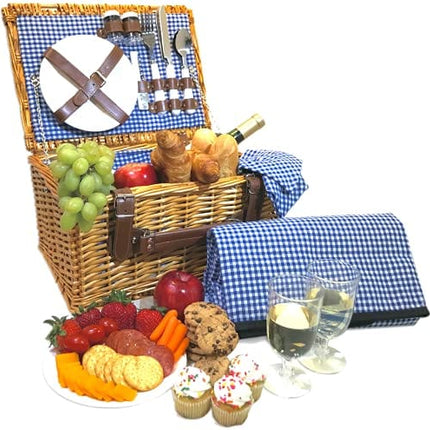 Picnic Basket Set - 2 Person Picnic Hamper Set - Waterproof Picnic Blanket Ceramic Plates Metal Flatware Wine Glasses S/P Shakers Bottle Opener Blue Checked Pattern Lining Picnic Set | Picnic Tote