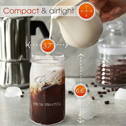 Reusable Wide Mouth Smoothie Cups Boba Tea Cups Bubble Tea Cups with Lids and Silver Straws Ball Mason Jars Glass Cups (2-pack, 32 oz mason jars) Brand Capsule Classic