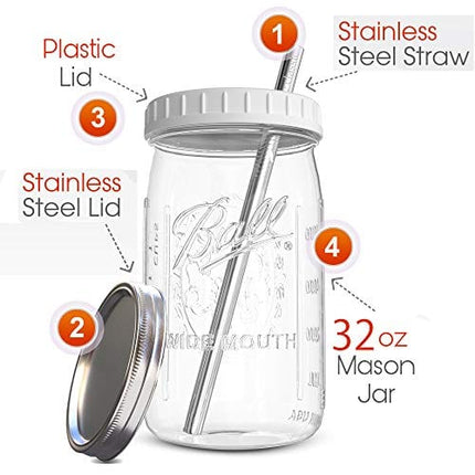 Reusable Wide Mouth Smoothie Cups Boba Tea Cups Bubble Tea Cups with Lids and Silver Straws Ball Mason Jars Glass Cups (2-pack, 32 oz mason jars) Brand Capsule Classic