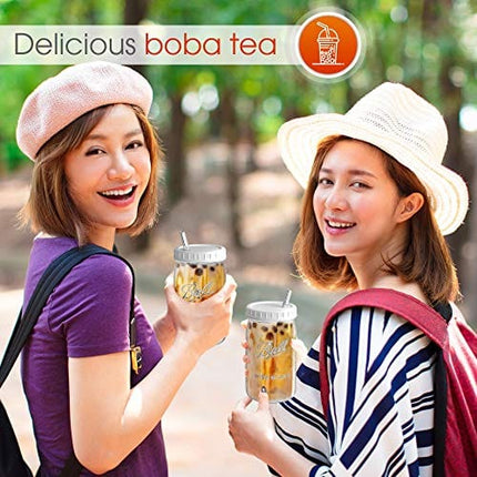 Reusable Wide Mouth Smoothie Cups Boba Tea Cups Bubble Tea Cups with Lids and Silver Straws Ball Mason Jars Glass Cups (2-pack, 32 oz mason jars) Brand Capsule Classic