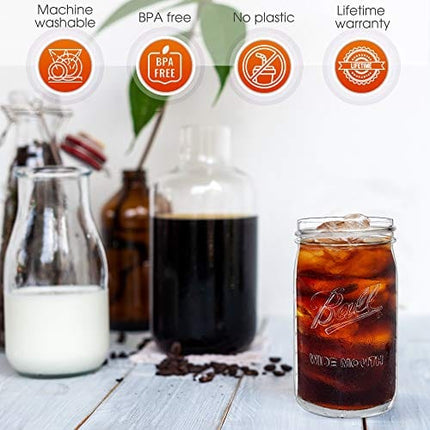 Reusable Wide Mouth Smoothie Cups Boba Tea Cups Bubble Tea Cups with Lids and Silver Straws Ball Mason Jars Glass Cups (2-pack, 32 oz mason jars) Brand Capsule Classic