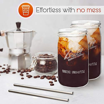 Reusable Wide Mouth Smoothie Cups Boba Tea Cups Bubble Tea Cups with Lids and Silver Straws Ball Mason Jars Glass Cups (2-pack, 32 oz mason jars) Brand Capsule Classic
