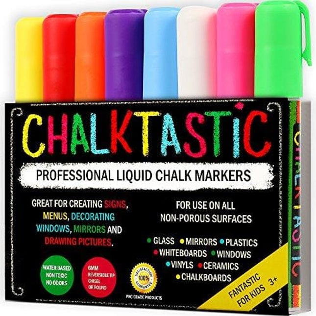 Chalk Markers by Fantastic ChalkTastic Best for Kids Art, Chalkboard Labels, Menu Board Bistro Boards, 8 Glass Window Markers, non-toxic Erasable Liquid Pens Chisel or Fine Tip, Neon Colors plus White
