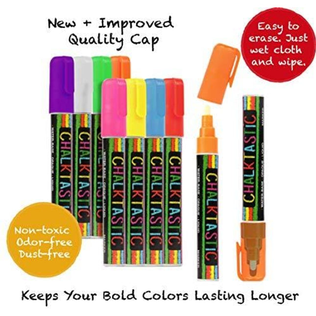 Chalk Markers by Fantastic ChalkTastic Best for Kids Art, Chalkboard Labels, Menu Board Bistro Boards, 8 Glass Window Markers, non-toxic Erasable Liquid Pens Chisel or Fine Tip, Neon Colors plus White