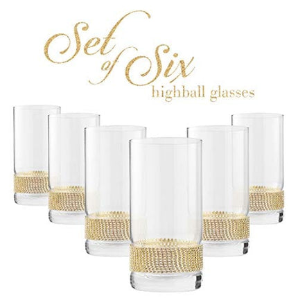 Cheer Collection Luxurious Highball Cocktail Glasses - Sparkling Diamond Studded Collins Glass - 16oz, Set of 6