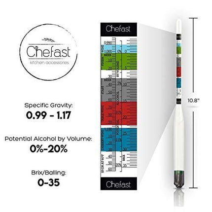 Chefast Hydrometer and Test Jar for Wine, Beer, Mead and Kombucha - Combo Kit of Triple-Scale Hydrometer, 250ml Plastic Cylinder, Cleaning Brush, Cloth and Storage Bag