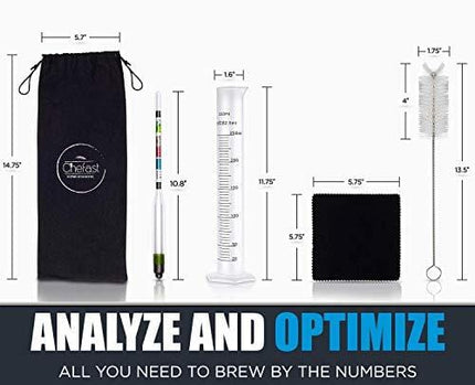 Chefast Hydrometer and Test Jar for Wine, Beer, Mead and Kombucha - Combo Kit of Triple-Scale Hydrometer, 250ml Plastic Cylinder, Cleaning Brush, Cloth and Storage Bag