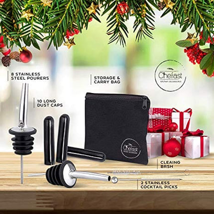 Chefast Bottle Pourers Set: 8 Stainless Steel Pour Spouts, 10 Long Dust Cap, 2 Cocktail Picks, Brush and Storage Bag - Metal Toppers for Liquor Spout Pourer, Oil and Vinegar Dispenser