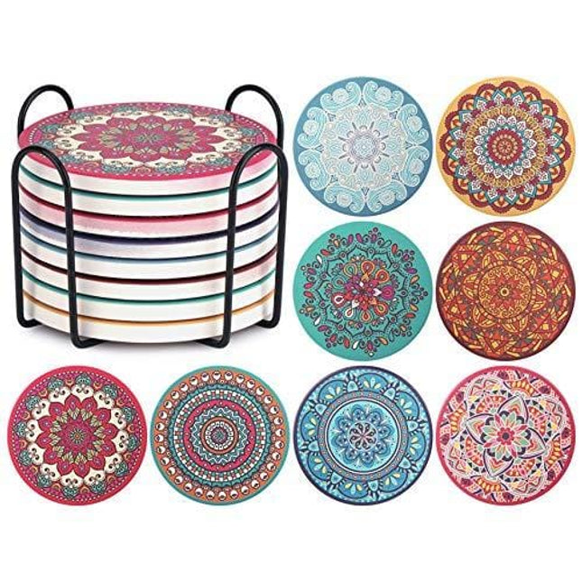 CHEFBEE Set of 8 Coaster for Drinks Absorbent Mandala Ceramic Coasters with Cork Base, Metal Holder, Stone Coasters Set for Wooden Table, Great Home and Dining Room Decor, Housewarming Gift