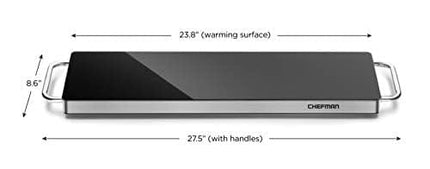 Chefman Long Electric Warming Plate Heating Element, Prep Food for Parties, Stainless Steel Frame & Tempered Glass Surface, Buffet at Home, for Trays & Dishes, Cool-Touch Handles, Black