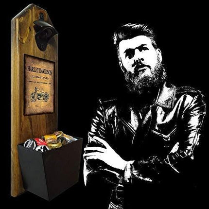 "Harley Davidson - Motorcycle Patent of Vintage Bike" Wall Mounted Bottle Opener and Cap Catcher - Made of 100% Solid Pine 3/4" Thick - Rustic Sign