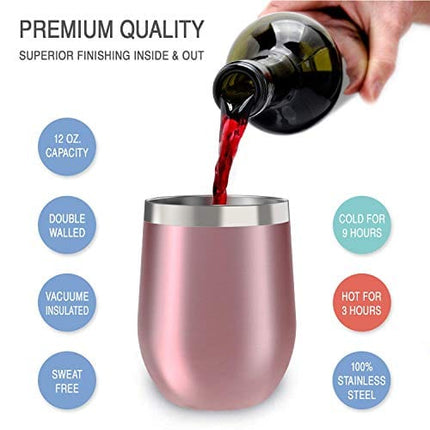 CHILLOUT LIFE Stainless Steel Wine Tumblers 2 Pack 12 oz - Double Wall Vacuum Insulated Wine Cups with Lids and Straws Set for Coffee, Wine, Cocktails (Rose Gold)