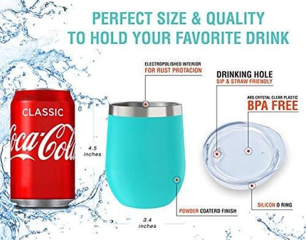 Stainless Steel Stemless Wine Tumbler 2 Pack 12 oz - Double Wall Vacuum Insulated Wine Tumbler with Lids and Straws Set of Two for Coffee, Wine, Cocktails, Ice Cream - Powder Coated Teal