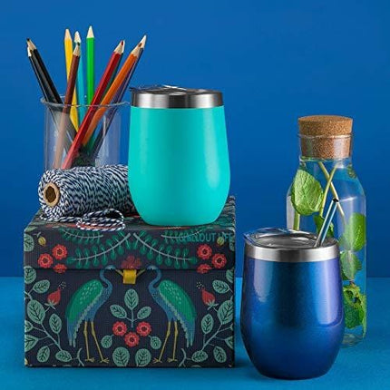 Stainless Steel Stemless Wine Tumbler 2 Pack 12 oz - Double Wall Vacuum Insulated Wine Tumbler with Lids and Straws Set of Two for Coffee, Wine, Cocktails, Ice Cream - Powder Coated Teal
