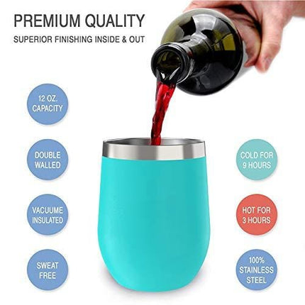Stainless Steel Stemless Wine Tumbler 2 Pack 12 oz - Double Wall Vacuum Insulated Wine Tumbler with Lids and Straws Set of Two for Coffee, Wine, Cocktails, Ice Cream - Powder Coated Teal