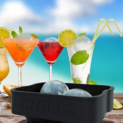 Chillz Ice Ball Maker Mold - Black Flexible Silicone Ice Tray - Molds 4 X 1.78 Inch Round Ice Ball Spheres For Whiskey (1 Pack)