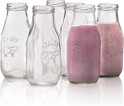 Circleware Country Milk Bottles Set of 6 Drinking Glasses Home and Kitchen Dairy Cow Glassware for Water, Juice, Beer, Bar Liquor Dining Beverage, Farmhouse Decor, 10.5 oz, Clear
