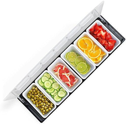 Bar Top Food & Condiment Dispenser - 6 Tray Plastic Garnish Station with Lid for Bartending & Serving Taco, Ice Cream, Fruit, Salad Bar - Topping Organizer for Restaurant Supplies & Accessories