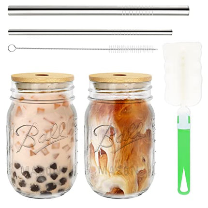 COLOROUND 2 Pack Regular Mouth Mason Jar Cup 16 oz with Bamboo Lids & Stainless Steel Straws Retro Drinking Glass Reusable Smoothie Juicing Cups with Lids for Juice Milkshake (Regular Mouth)