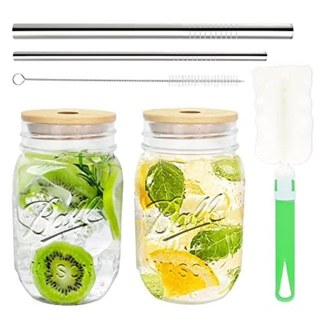 COLOROUND 2 Pack Regular Mouth Mason Jar Cup 16 oz with Bamboo Lids & Stainless Steel Straws Retro Drinking Glass Reusable Smoothie Juicing Cups with Lids for Juice Milkshake (Regular Mouth)