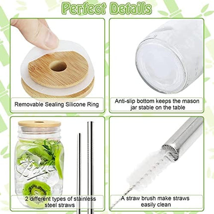 COLOROUND 2 Pack Regular Mouth Mason Jar Cup 16 oz with Bamboo Lids & Stainless Steel Straws Retro Drinking Glass Reusable Smoothie Juicing Cups with Lids for Juice Milkshake (Regular Mouth)