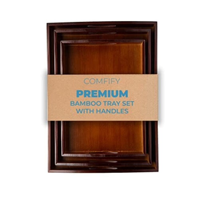 Bamboo Serving Trays with Handle – Set of 3 Wooden Trays That Nest – Large, Medium and Small Tray for Food, Ottoman Décor & More – Bamboo Trays for Breakfast - Brown