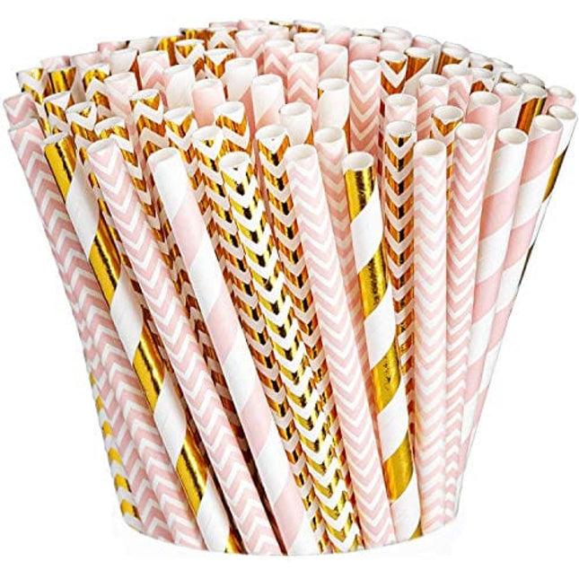 [200 Pack] Pink & Gold Paper Drinking Straws 100% Biodegradable Multi-Pattern Party Straws
