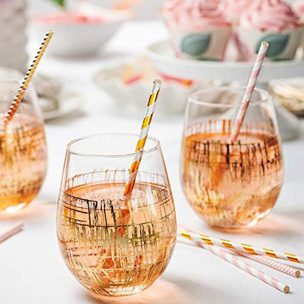 [200 Pack] Pink & Gold Paper Drinking Straws 100% Biodegradable Multi-Pattern Party Straws