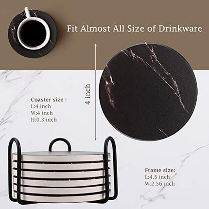 Coasters for Drinks, Ceramic Stone Coasters Set with Metal Holder Stand, Cork Base, Marble Surface Pattern, Cups Place Mats for Home Decor, Set of 6 - Black