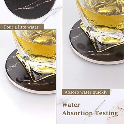 Coasters for Drinks, Ceramic Stone Coasters Set with Metal Holder Stand, Cork Base, Marble Surface Pattern, Cups Place Mats for Home Decor, Set of 6 - Black
