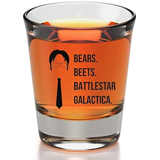Bears Beets Battlestar Galactica Shot Glass - The Office Merchandise | Funny Novelty Gift for Men and Women - Dunder Mifflin Inspired Shot Glasses