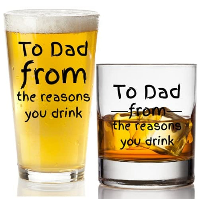 To Dad From The Reasons You Drink Combo Set - Funny Beer Glass and Whiskey Scotch Glass - Fathers Day Gift, Birthday, Christmas, or Valentines for Men - For Dad, Grandpa, Stepdad, Best Dad Ever