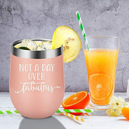 Not a Day Over Fabulous - Funny Birthday Wine Gifts Ideas for Women, Wife, Mom, Mother in Law, Daughter, Sister, Aunt, Best Friends, BFF, Coworker, Her - Coolife 12oz Insulated Wine Tumbler with Lid