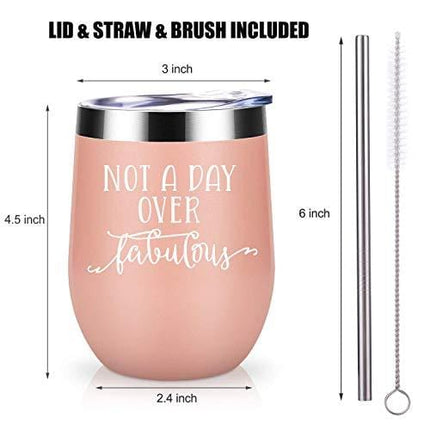 Not a Day Over Fabulous - Funny Birthday Wine Gifts Ideas for Women, Wife, Mom, Mother in Law, Daughter, Sister, Aunt, Best Friends, BFF, Coworker, Her - Coolife 12oz Insulated Wine Tumbler with Lid