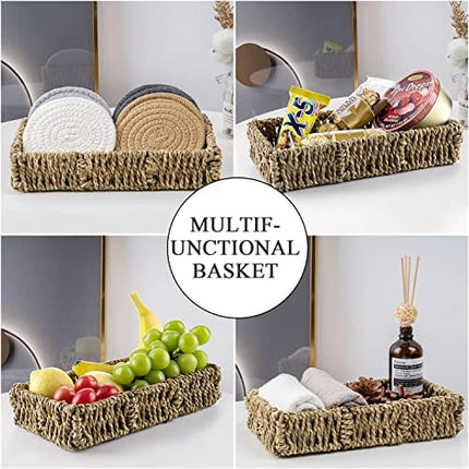 Coasters for Drink Absorbent, Handmade Woven Coasters Set of 8 with Seagrass Basket Holder, Heat-Resistant Coaster for Table Protection, Boho Fabric Coasters Suitable for Kinds of Cups, Wooden Table