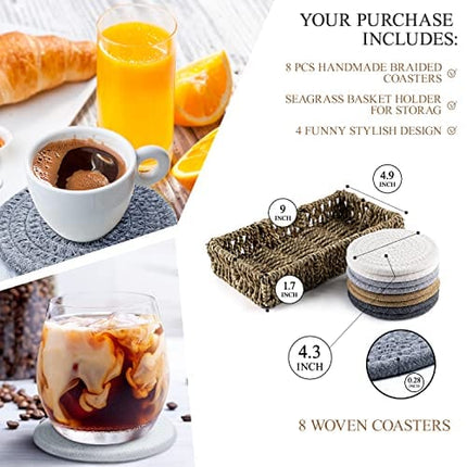 Coasters for Drink Absorbent, Handmade Woven Coasters Set of 8 with Seagrass Basket Holder, Heat-Resistant Coaster for Table Protection, Boho Fabric Coasters Suitable for Kinds of Cups, Wooden Table