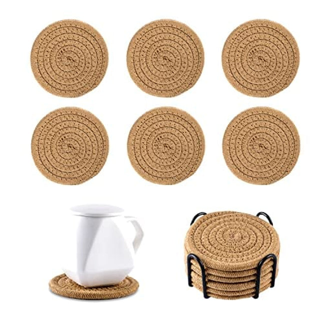 Coasters for Drinks with Holder, Vintage Woven Coasters for Table Protection, Water Absorbent Coaster Set, Handmade Braided Fabric Coasters Heat-Resistant (Brown, 6)