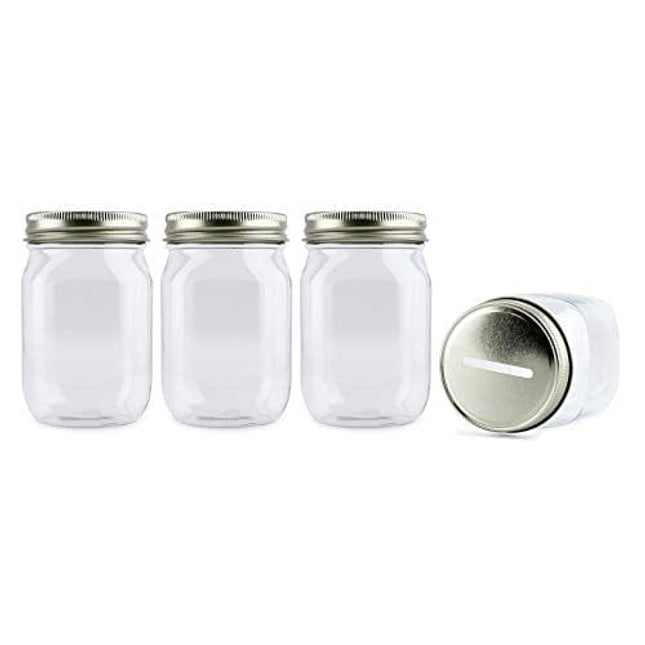 Cornucopia Small Coin Bank Jars (4-Pack); 16oz Clear Plastic Mason Jar Coin Banks w/Gold Slotted Lids