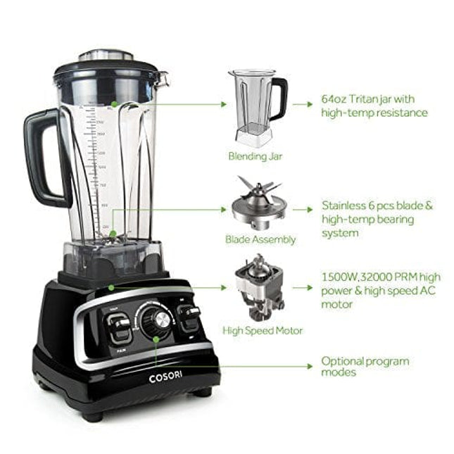 COSORI Blender 1500W for Shakes Professional Heavy Duty Smoothie Maker With Variable Speeds, with 800W Auto-Blend Base for Ice Fruits & Nutrients Extraction, 2 x 24oz cups, 1 x 12oz cup